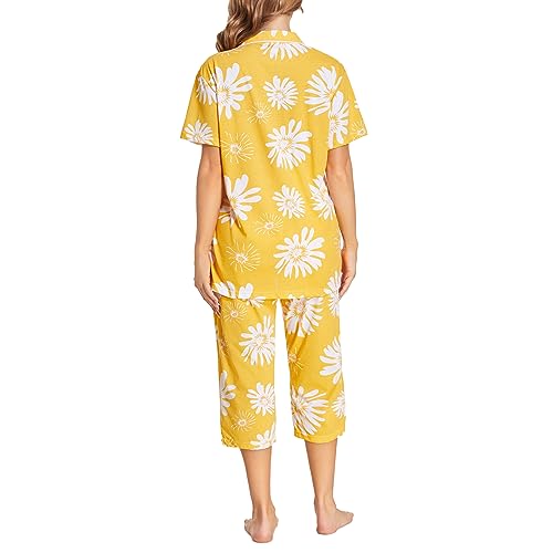 Image of Tugege Capri Pajamas Set Womens Button Down Short Sleeve Lounge Sets Sleepwear Notch Collar Top & Capri 2 Piece PJ Sets