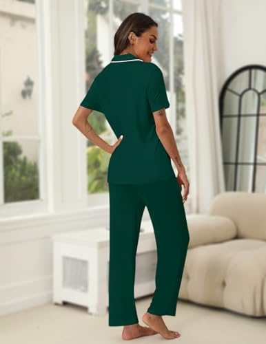 Image of HNG Women Pajamas Set 2 Piece Button Up Pajamas Pant and Short Sleeve Shirt for Woman Pj Sets with Pocket