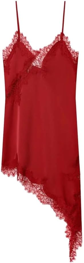 Women's Satin Silk Sheer Dress Floral Patchwork Asymmetric Hem Sleeveless Spaghetti Strap Slip Dress