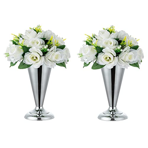 Silver Vase Centerpiece Table Decorations - 2 Pcs Metal Tabletop Flower Stand, Wedding Decorations for Reception, 9.8in Trumpet Tall Flower Vase for Birthday, Weddings, Anniversary, Home Decor