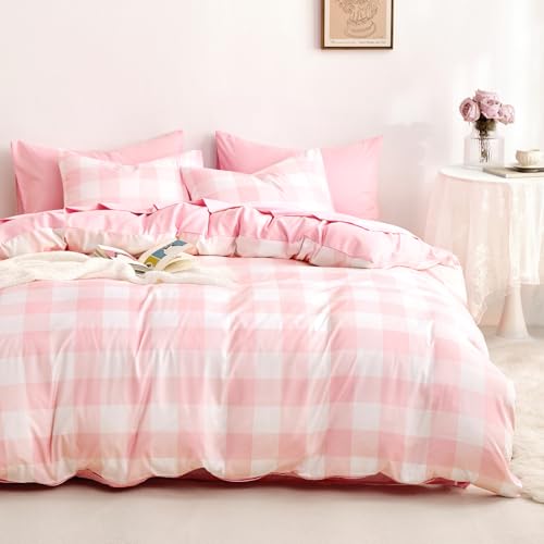 Wake In Cloud - Gingham Duvet Cover Set, Plaid Buffalo Checker Check Cute Aesthetic for Teen Boys Girls, Soft Lightweight Dorm Bedding, 3-Piece, Light Pink White, Twin/Twin XL Size