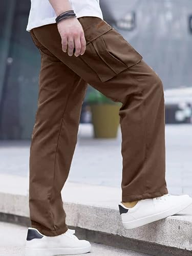 Comdecevis Men's Casual Cargo Pants Workout Joggers Stretch Sweatpants Hiking Drawstring Tactical Pants with Multi Pockets Rosy Browm