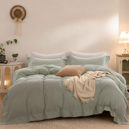 ELIMMO Duvet Cover Set Washed Cotton Embroidered Hem Twin 2‑Pcs