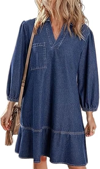 Denim Dress for Women V-Neck Puff 3/4 Sleeve Fashion Fall Casual Babydoll Jean Dress with Pockets2