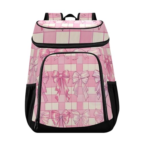 Bow Tie Pink Buffalo Plaid Cooler Backpack Cooler Insulated Leak Proof Lunch Backpack 36 Cans Waterproof Soft for Men Women Picnic Hiking Camping Beach