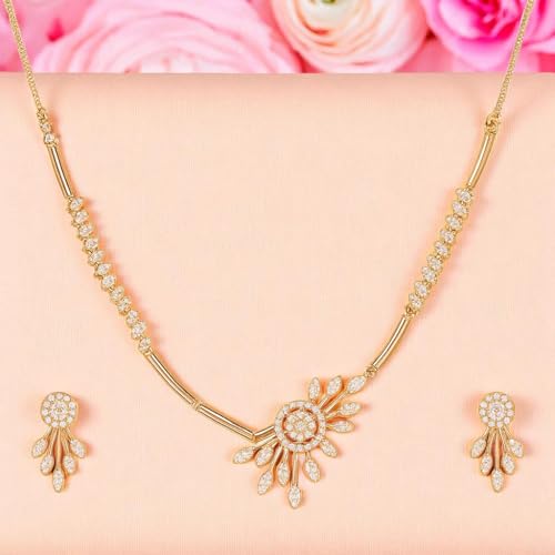 Image of Nilu's Collection Rose Gold Plated AD Stone Jewellery Set for Women, Girls | Special Ocassion, Wedding, Engagement, Dating | Anti Tarnish | Anti Allergy | Necklace and Earring Set | Gift for Her