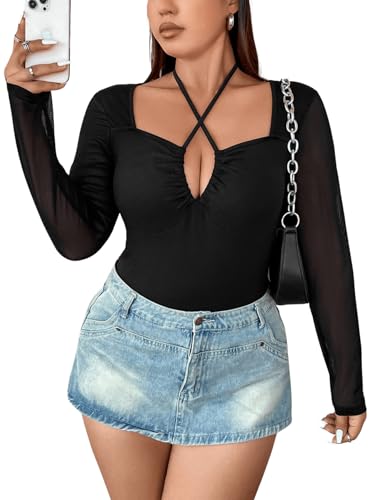 SOLY HUX Plus Size Tops for Women Long Sleeve Sexy Going Out Tops V Neck Criss Cross T Shirts Blouse