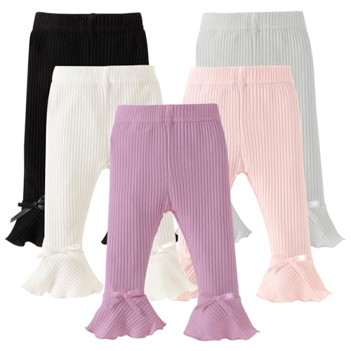 Image of DREAM BUS 5 Pack Baby Pants Toddler Girl Ribbed Ruffle Bell Bottoms Toddler Leggings Baby Boy Pants Newborn Girl Flare Pants