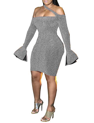 Remelon Womens Glitter Sequin Cut Out Off Shoulder Bell Long Sleeve Bodycon Club Party Short Mini Dress Silver XL