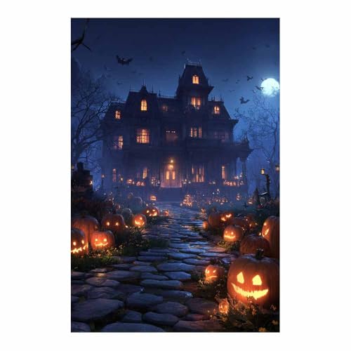 Tableau Halloween de maison citrouilles pour décorer un salon effrayant