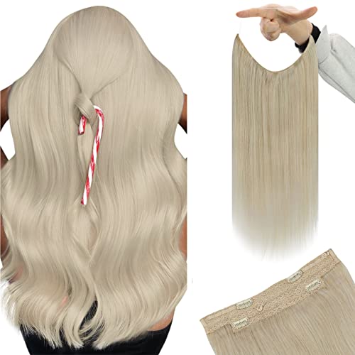 Image of YoungSee Wire Hair Extensions Human Hair Beige Blonde Wire Real Hair Extensions Blonde Fish Line Extensions Dayble Remy Hair 16Inch 85g