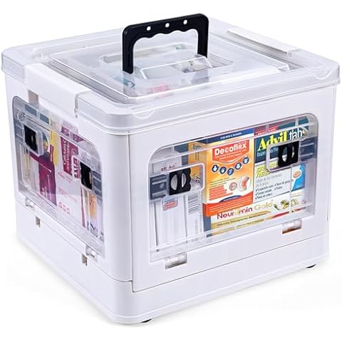 Gifhomfix Medicine Storage Box with Handles, Large Capacity First Aid Box, Clear Medical Supply Organizer with Removable Tray, Multipurpose Plastic Medicine Chest with Wheels Cover