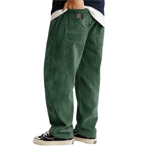 Mens Corduroy Straight Leg Pants Long Solid Elastic Waist Casual Pants Loose Fit Going Out Pants with Pockets