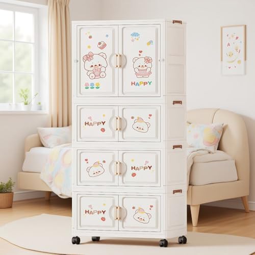 Image of Strassis Design Multipurpose Plastic Wardrobe for Kids Clothes Almirah Cupboard | Multipurpose Baby Toys /Books /Accessories Storage Organiser Closest with Anti-Skid Base (Cake Bear-K70213)