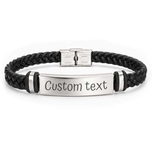 Image of 2Burned Personalised Engraved Men’s Bracelet Custom Name Date Black PU Leather Dad Gift (CUSTOM TEXT)