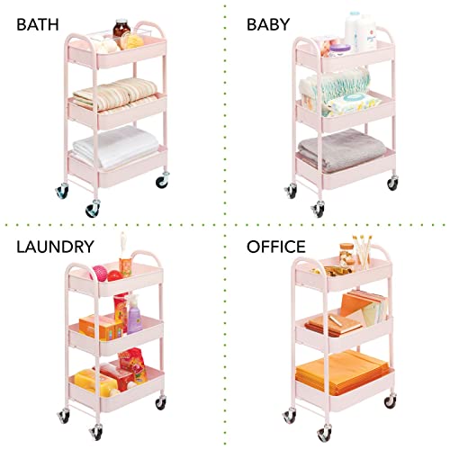 Mdesign Metal 3-Tier Rolling Utility Storage Carts - Organizer Trolley For Bathroom, Kitchen, Laundry, Office, And Kids Rooms - Heavy Duty Caddy With 4 Caster Wheels - Light Pink #TOP3