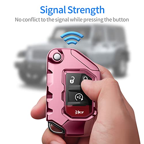 Image of Compatible with Jeep Key Fob Cover With Leather Keychain Soft TPU Protection Key Case for 2018-2026 Wrangler JL JLU Rubicon Wagoneer Gladiator JT Sahara JLU Remote Key (Pink)