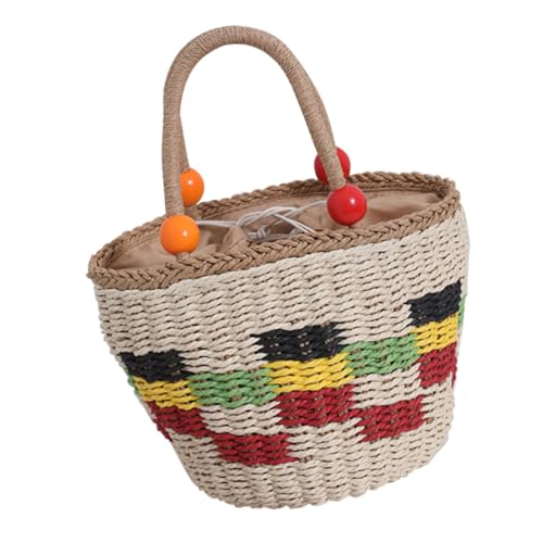 Sac fourre-tout tissé en paille femme avec poignées perles de bois léger pour cabas de plage