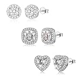 Sterling Silver Stud Earrings - 3 Pairs Diamond Halo Heart & Round Sets - Hypoallergenic, Perfect for Birthday or Wedding Gifts