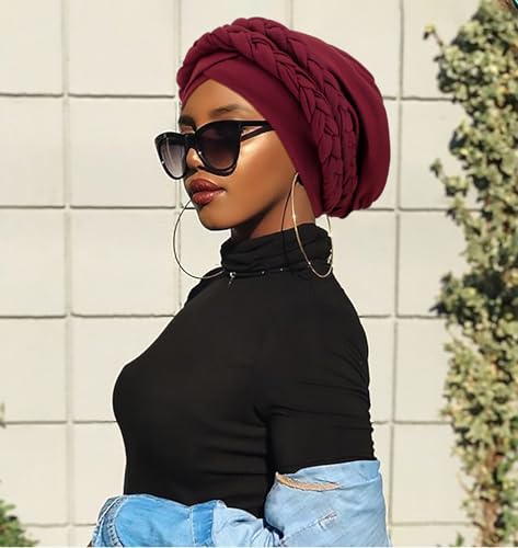 Image of DRESHOW African Women Turban Caps Cotton Beanie Twist Headscarf Pre-Tied Double Twisted Braids Wrap Hat Chemo Cancer Cap