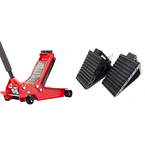BIG RED AT84007R Torin Hydraulic Low Profile Service/Floor Jack with Dual Piston Quick Lift Pump, 4 Ton Capacity, Red & MAXXHAUL 70472 Solid Rubber Heavy Duty Black Wheel Chock 2-Pack, 8