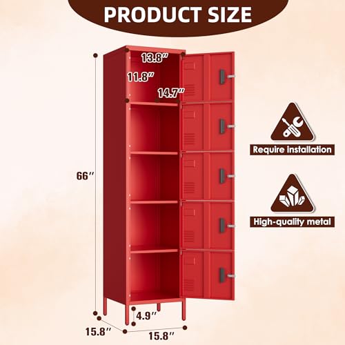 Image of Aobabo 16 inch W 5 Door Metal Storage Locker with Lock, 66 inch H Steel Locker with Name Card Holder and Metal Leg for School, Home, Office, Playroom, Assembly Required, Red