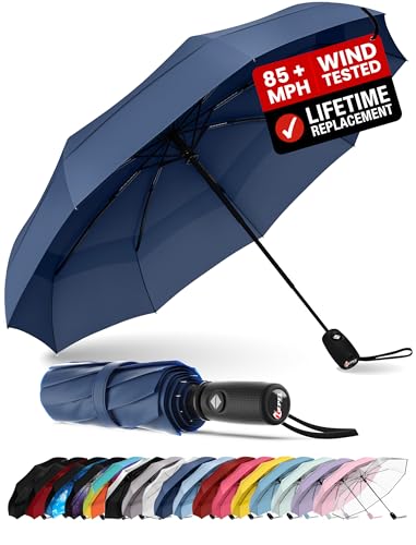 Windproof Travel Umbrella - Compact & Withstands Winds up to 85MPH, Strongest Premium Auto Folding Umbrella for Rain and Sun - Durable, Light & Portable for Women & Men, Fits Backpack & Cars