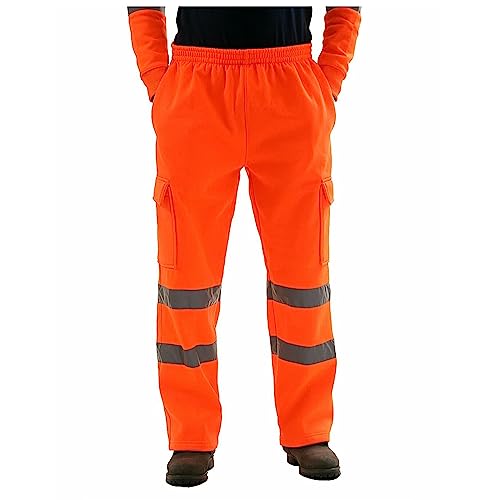Men's Fleece Hi Vis Viz Cargo Pants Enhanced Visibility Joggers Safety Reflective Strip Work Trousers with Pockets