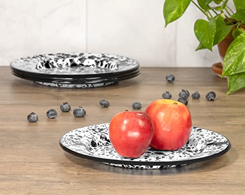 Red Co. Set Of 4 Enamelware Metal Classic 10" Round Dinner Plate, Black Marble/Black Rim - Splatter Design #TOP4