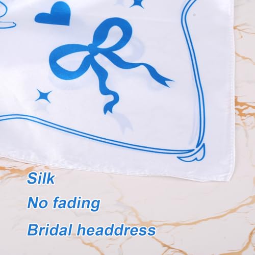 Bride Head Scarf, 23.62x23.62in Bachelorette Bandana White and Blue Silk Hat Scarf Elegant Bridal Hijab Wedding Handkerchief Bridesmaid Headwear for Bridal Shower Beach Party Accessory4