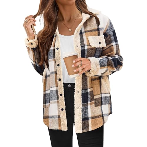 Lxitoler Damen Hemdjacke Karierte Jacke Holzfällerhemd Shacket Herbst Winter Hemdjacke Flanellhemd Karierte Revers Button-Down Bluse Shacket（CO,S