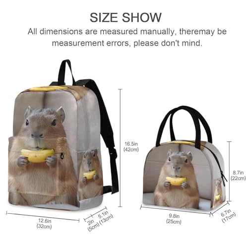 Capybara with Banana Print Backpack Set with Lunch Bag, Large Capacity Travel Backpacks and Lunch Box Insulated for Commute Hiking Picnic2