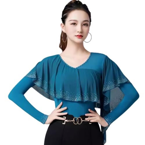 [LNIGHT] 社交ダンス練習着 レオダート 社交ダンス トップス ラインストーン フリル モダンダンス レッスンウェア ラテンダンス ダンスウェア レッスン着 ルンバ サンバ ワルツ スタンダード ラテン練習着 体操 ソシアル ダンス衣装(青緑,M)のサムネイル