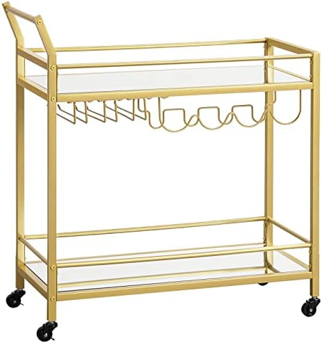 HOOBRO Bar Cart Gold, Bar Serving Cart, with 2 Mirrored Storage Shelves, Wine Cart with Bottle and Cup Holders, Rolling Storage Cart, for Kitchen, Dining Room, Club, Bar, Gold GD75TC01