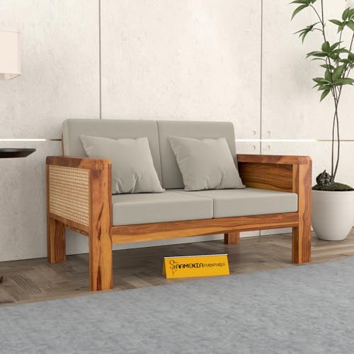 Image of Sheesham Wooden 2 Seater Sofa for Living Room | Solid Wood Sofa with Cane Side Panel | Rosewood Sofa Set for Home & Office | Lounge (Honey Finish, 2 Seater)
