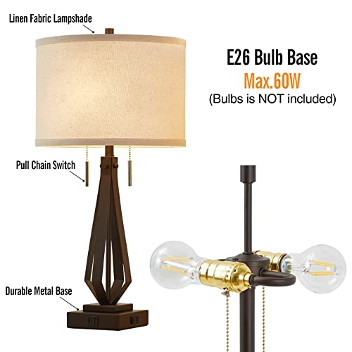 Gyrovu Farmhouse Table Lamps Set Of 2, 25" Tall Rustic Table Lamps With Usb-C+A Charging Vintage Bedside Lamp Pull Chain Classic Nightstand Lamps For Living Room Bedroom Office(Bulbs Not Included) #TOP1