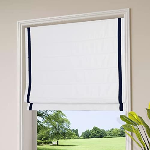 Cordless Roman Shades, White Navy Trim Premium Polyester Blackout Roman Window Shades, WindowLady Roman Shades for Windows, Doors, Sliding Doors, Kitchen Windows (1 Piece)