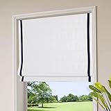 Cordless Roman Shades, White Navy Trim Premium Polyester Blackout Roman Window Shades, WindowLady Ro