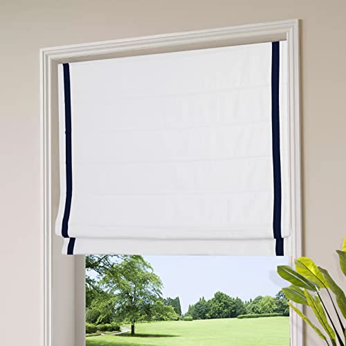 Cordless Roman Shades, White Navy Trim Premium Polyester Blackout Roman Window Shades, Windowlady Roman Shades For Windows, Doors, Sliding Doors, Kitchen Windows (1 Piece) #TOP23