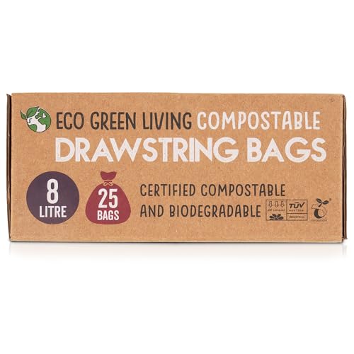 Eco Green Living 8 Litre Compostable Drawstring Bin Liners, Plastic Free & Leak Resistant Bin Bags for Bathroom, Bedroom and Office Bins - 40 x 45 cm (25 Bags)