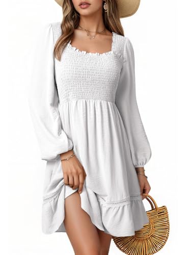 Dokotoo Women's Fall Dress Long Sleeve Square Neck Tiered White