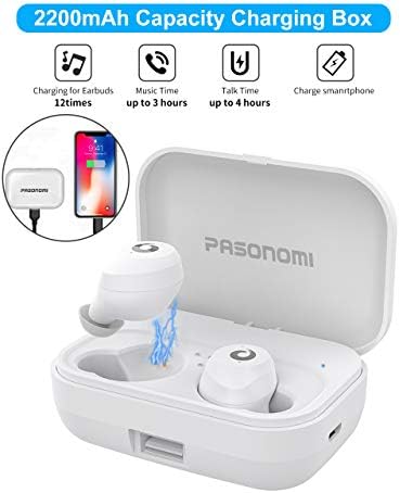 PASONOMI [2019 Version] Bluetooth Earbuds Wireless Headphones Bluetooth Headset Wireless Earphones IPX7 Waterproof Bluetooth 5.0 Stereo Hi-Fi Sound with 2200mA (White)