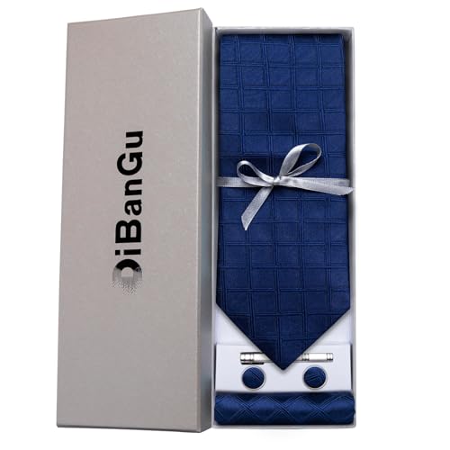 Image of DiBanGu Mens Silk Necktie Solid Color Tie and Pocket Square Cufflink Tie Clip Set Woven Plain Ties for Men Wedding Party