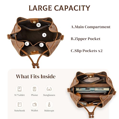 Image of S-ZONE Genuine Leather Purses for Women Crossbody Drawstring with 2 Straps | Top Grain Leather, Bucket Bags Crossbody Shoulder Top Handle, Multi Pockets, Vintage Casual, Travel Everyday