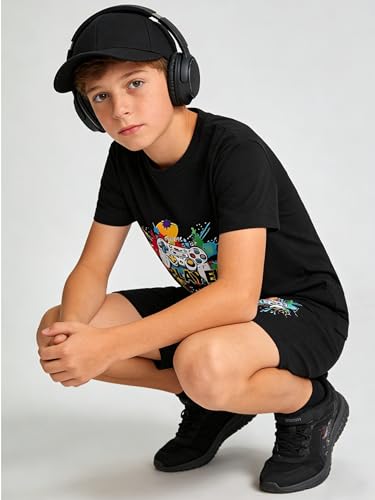 Image of Cakaner Tween Boys Summer Clothes 2 Piece Short Sleeve Graphic T-Shirt and Shorts Casual Outfit Set Size 7-14