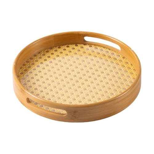 Image of Curated Cart Bamboo Serving Tray with Cut-Out Handles - Rattan Cane Woven Base - Eco-Friendly Rustic Tray for Coffee Table, Breakfast, Kitchen, Bathroom Decor - Lightweight, Durable - Round - 25cm