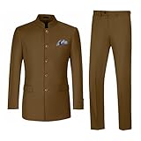 Men Suits 2 Pieces Slim Fit Mandarin Collar Suit Traditional Chinese Tunic Clothing Formal Wedding Blazer Pant Set Coffee L