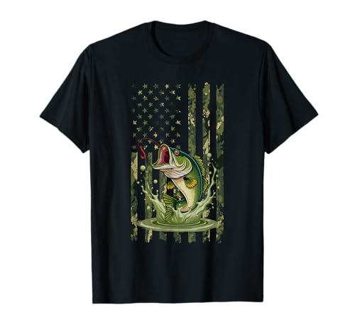 Pesca Retro Bandera Americana de Estados Unidos Bass Fish Fisherman Camo Bass Camiseta