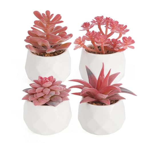 TOOELMON Artificial Plants Indoor 4pcs, Mini Fake Plants, Small Succulent Plants with Ceramic Pot, Faux Plants for Home House Office Bedroom Living Room Table Desk Shelf Decor