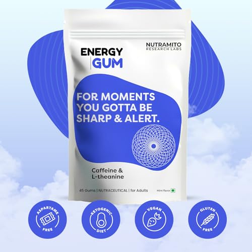Energy Caffeine Gums (45 Gums) - L-theanine + Natural Caffeine - Energy & Focus Supplement for Women & Men - Mint Flavor | 45 Gums | Contains Caffeine 60mg & L-theanine 40 mg